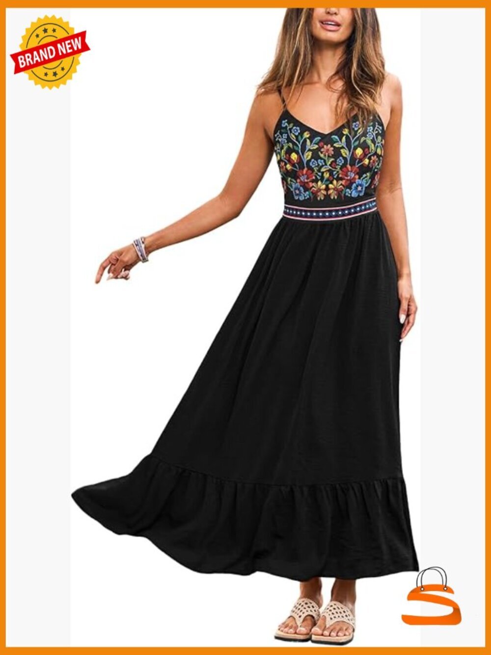 Boho Maxi Dress Spaghetti Strap V Neck Sleeveless Self Tie Back Flowy Summer